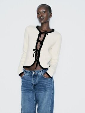 Zara Cream Cardigan with Black Tie-Front Trim